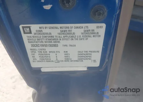 2003 Chevrolet Silverado 1500 Ls z USA, uszkodzony, nr VIN 2GCEC19V931302803